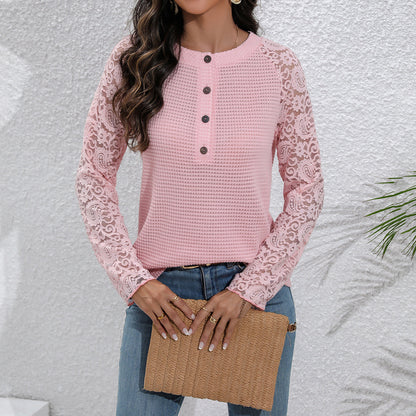 Chemise à manches longues en dentelle pour femmes avec détails de boutons et devant texturé Chic und Stil