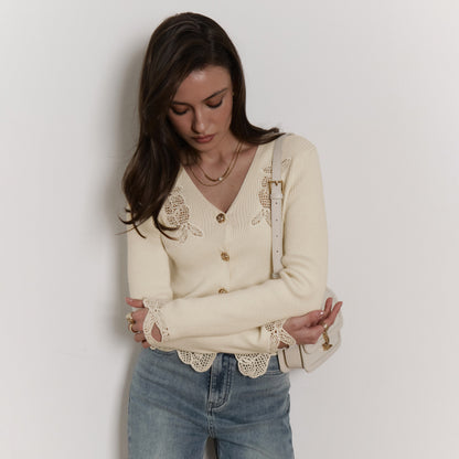 Dames Élégant Gilet en tricot avec Dentelle en crochet Chic und Stil