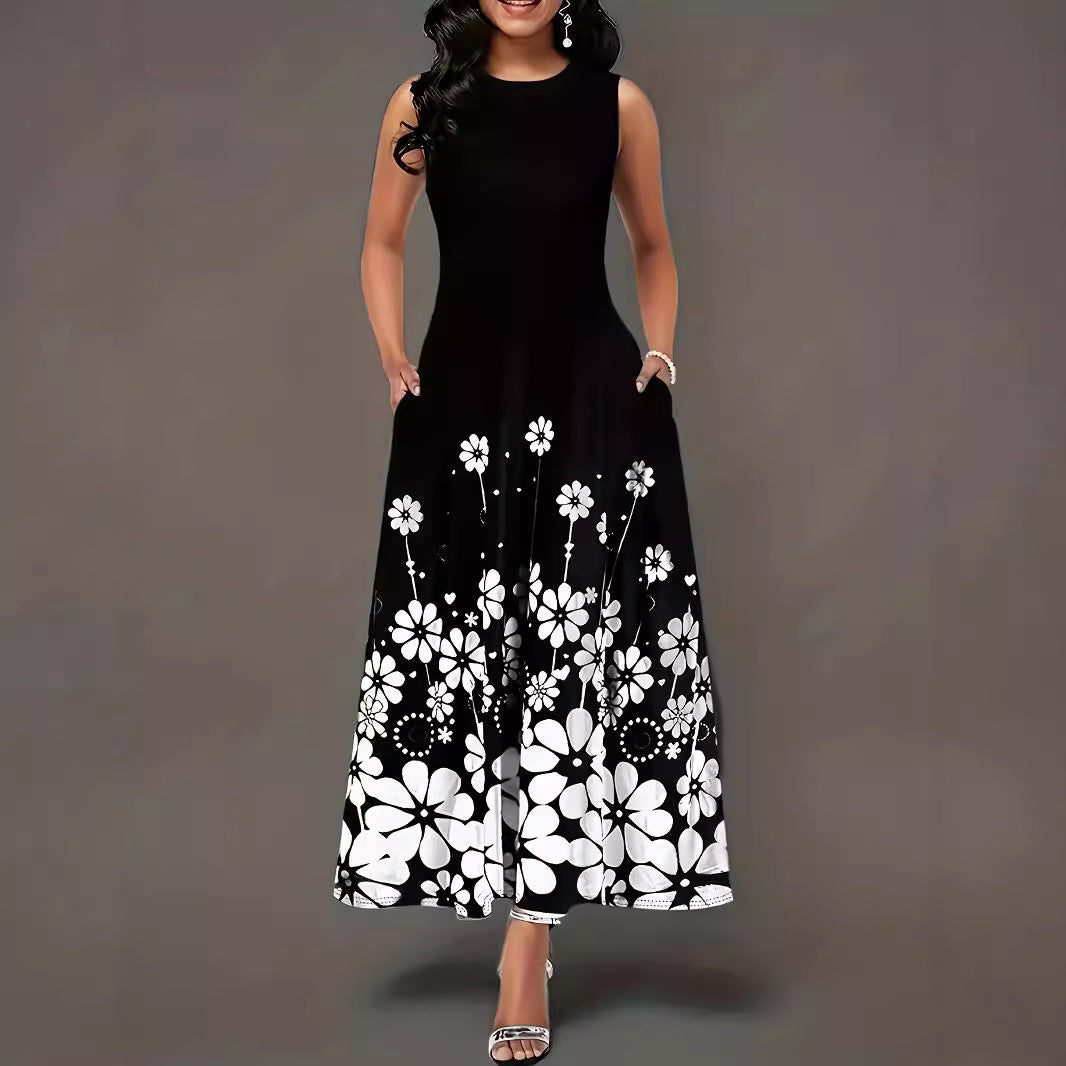 Robe maxi femme avec accents floraux et poches latérales