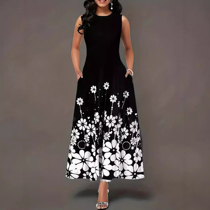 Robe maxi femme avec accents floraux et poches latérales