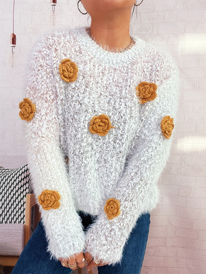 Dames pull confortable et moelleux avec des appliqués floraux ludiques Chic und Stil