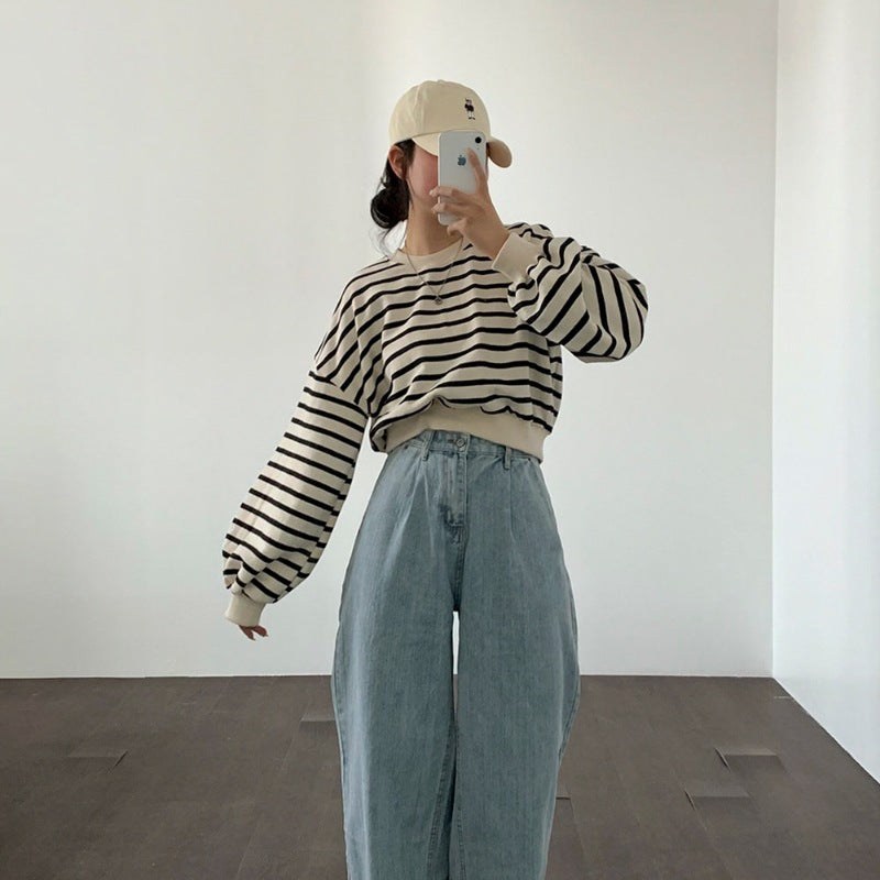 Sweatshirt décontracté rayé pour femmes avec manches bouffantes Chic & Stil