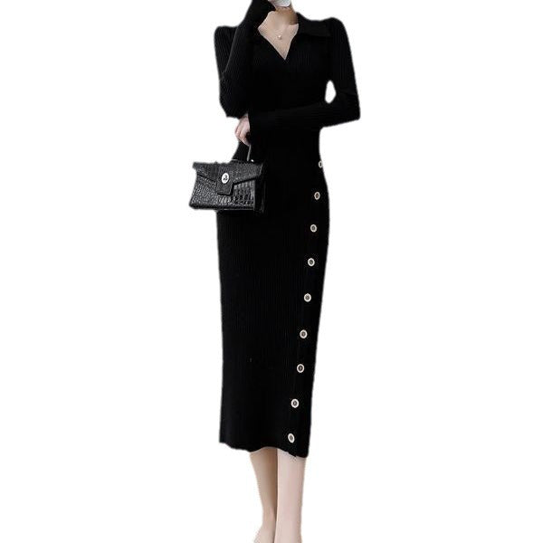 Robe en tricot à manches longues pour femmes avec un élégant détail de bouton et une silhouette cintrée Chic und Stil