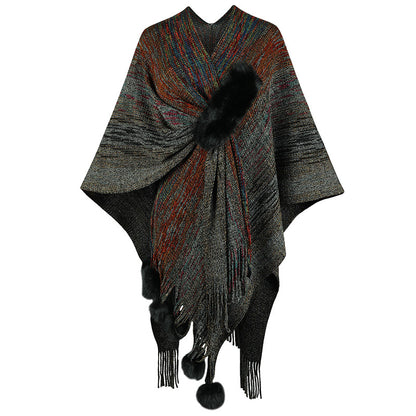 Ladies fashionable poncho with luxurious faux fur trim and creative fringes Chic and Style