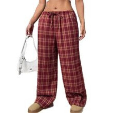 Wide plaid casual pants for women with elastic waistband and drawstring Chic und Stil