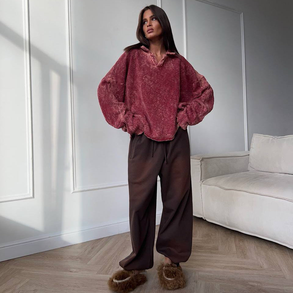 Pull oversized décontracté pour femmes avec ourlet à volants et décolleté en V Chic und Stil