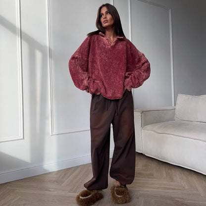 Pull oversized décontracté pour femmes avec ourlet à volants et décolleté en V Chic und Stil