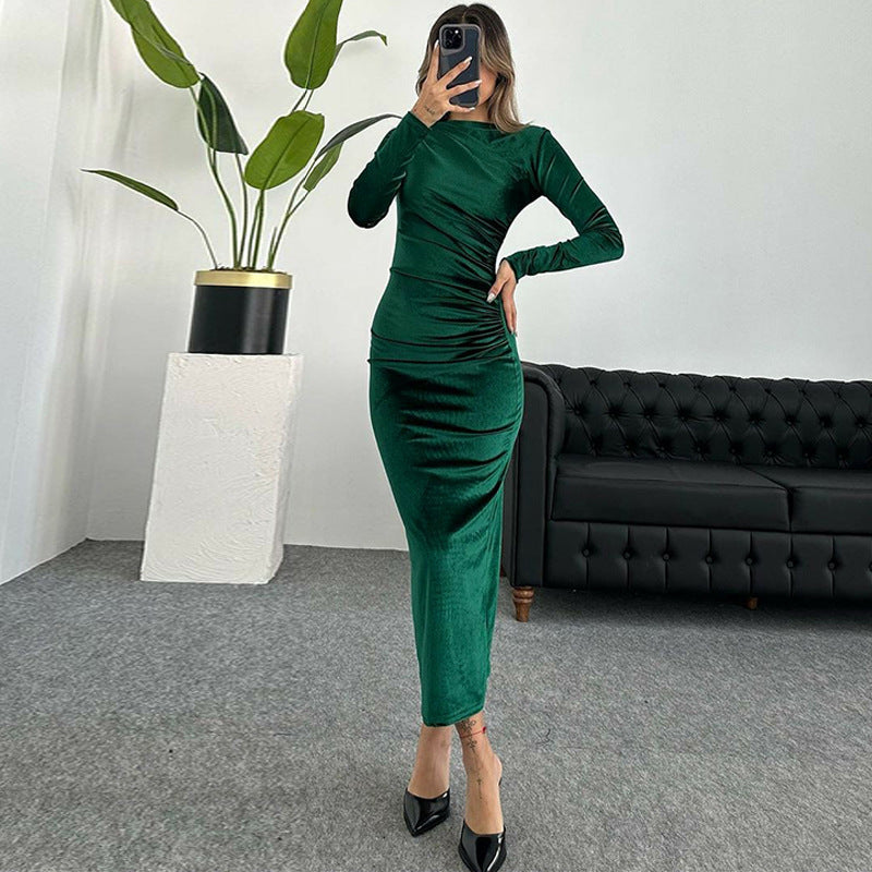 Dames Élégant Longue Manche Ruché Maxi Robe Chic und Stil