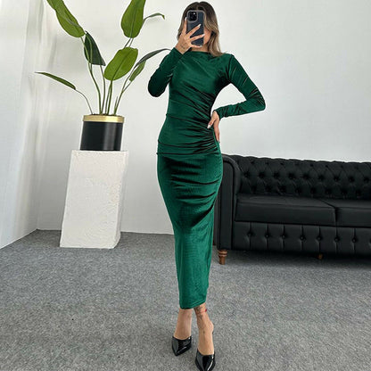 Dames Élégant Longue Manche Ruché Maxi Robe Chic und Stil