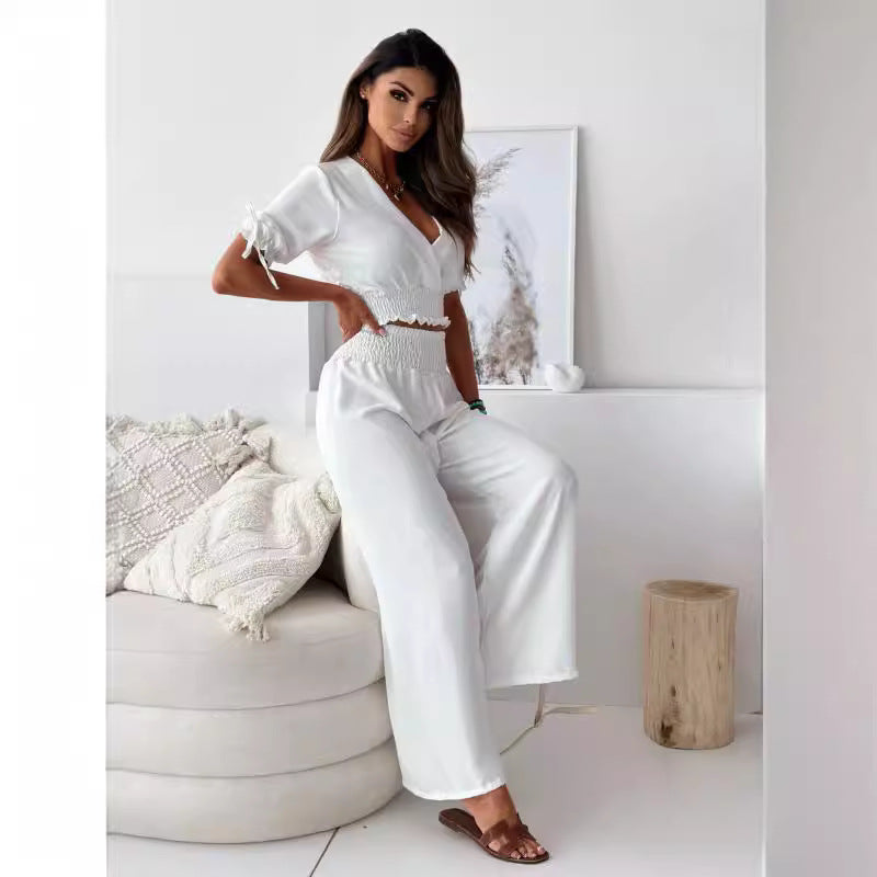 Dames Crop Smocked Top avec pantalon large Chic und Stil