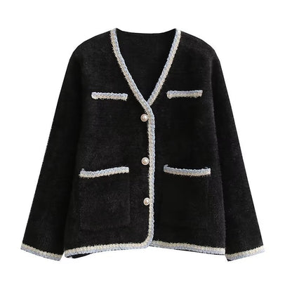 Cardigan élégant en tricot pour femmes avec des boutons décoratifs en perles et des poches pratiques Chic und Stil