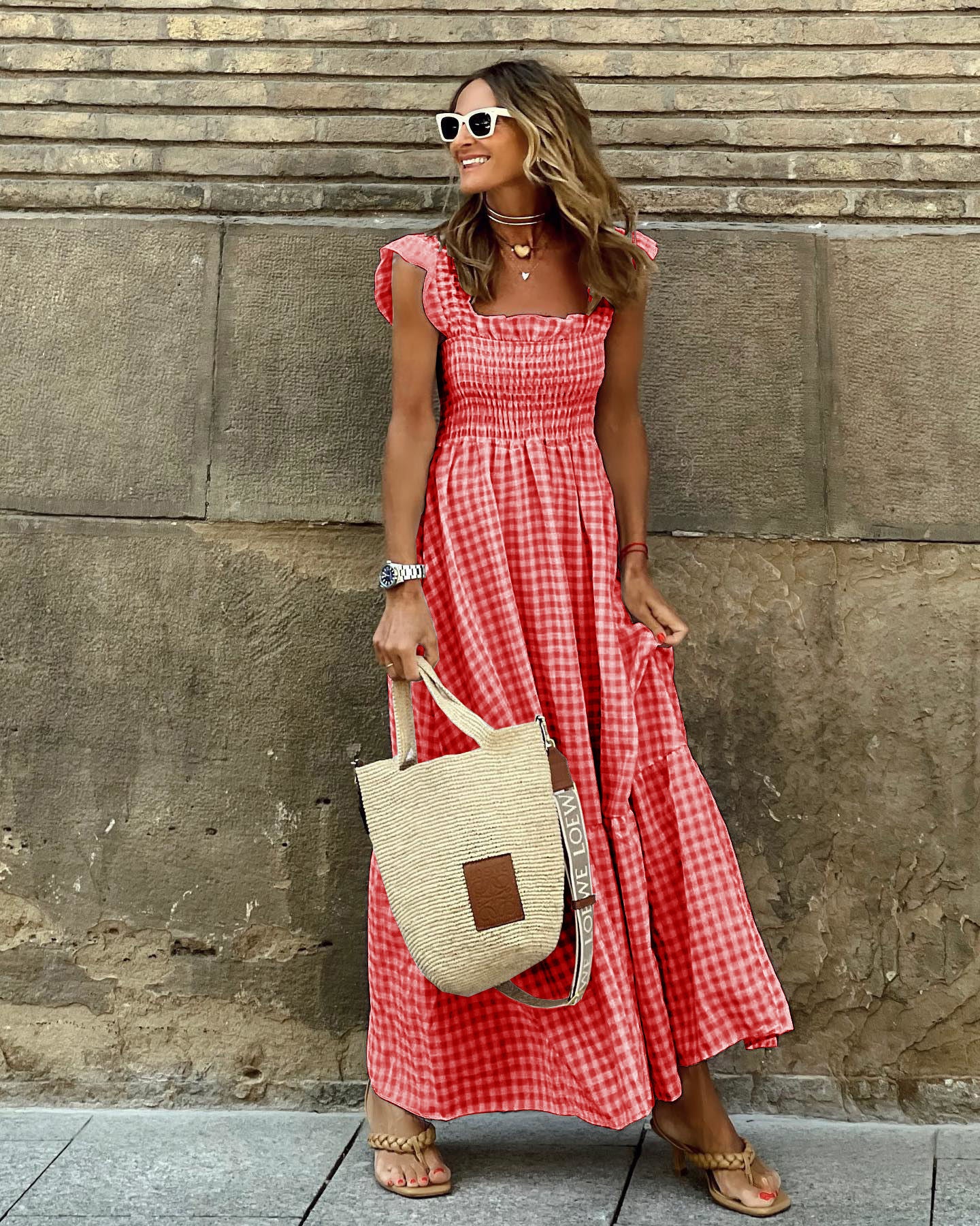 Robe maxi à carreaux pour femmes avec ourlets en volants Chic und Stil