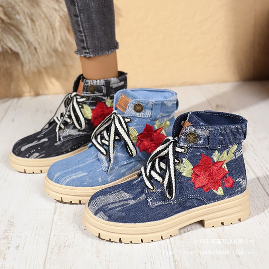 Bottes à lacets féminines avec broderie florale et semelle antidérapante Chic und Stil