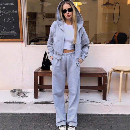 Ladies casual short hooded sweatshirt with elastic hem and comfortable jogger pants Chic and Style