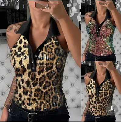 Ladies Sequin Leopard Print Polo Top Chic and Style