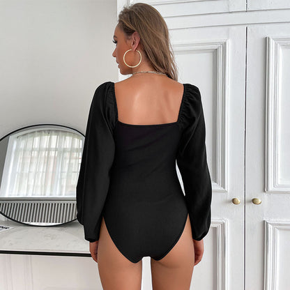 Dames élégant body avec décolleté en V profond et manches volumineuses Chic und Stil