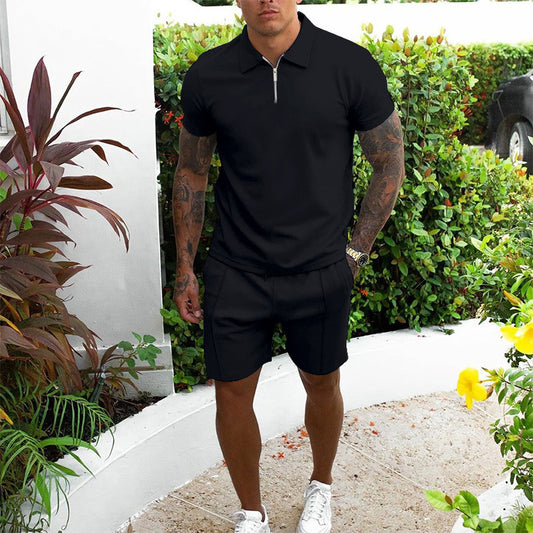 Hommes Freizeit-Zip-Up Polo et Shorts Set Chic und Stil