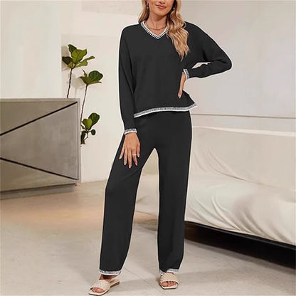 Ensemble pull et pantalon à col en V confortable pour femmes Chic und Stil