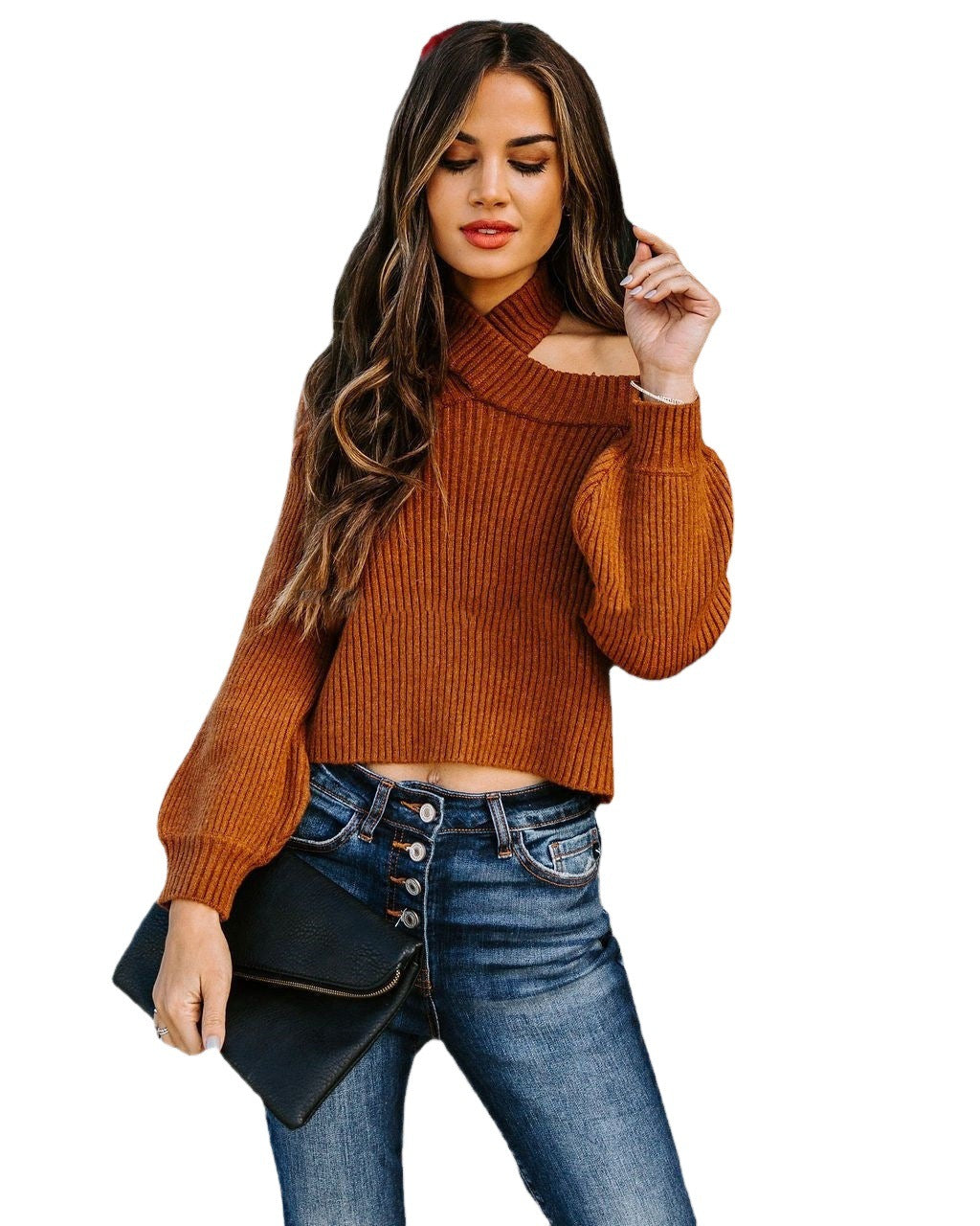 Pull-over court pour femmes avec col montant et texture côtelée Chic und Stil