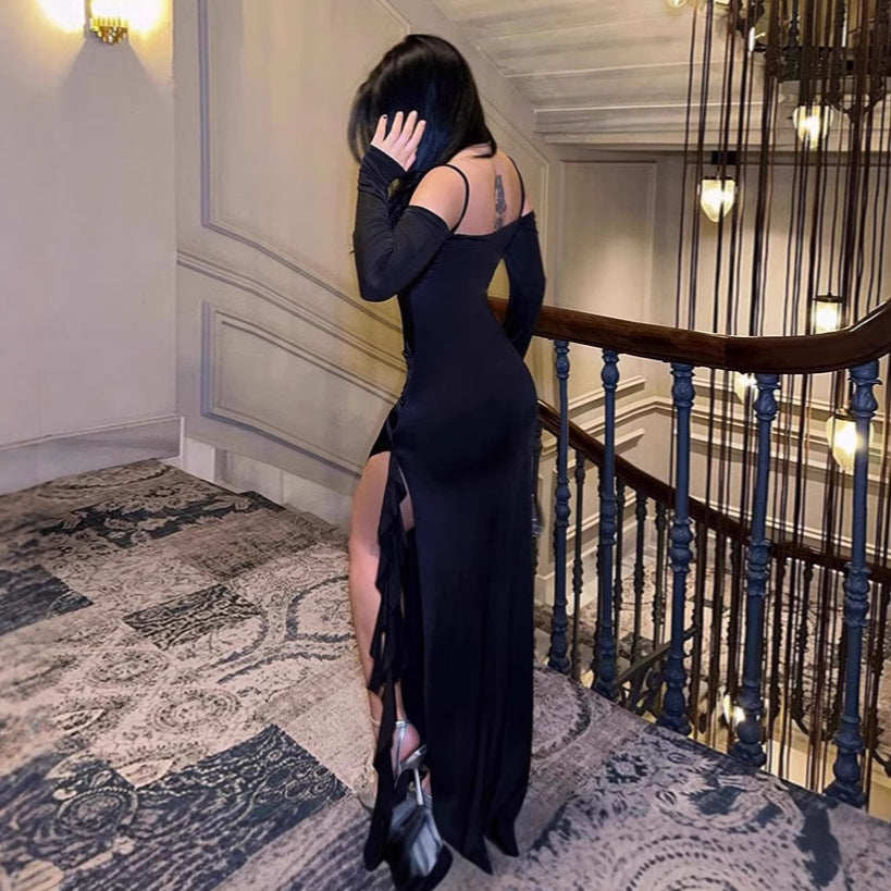 Dames Robe maxi longue élégante à manches longues avec ourlet asymétrique et détails de volants Chic und Stil