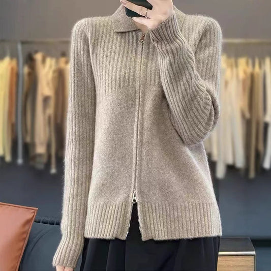 Cardigan tricot confortable pour femmes avec fermeture éclair et patron côtelé fin Chic und Stil