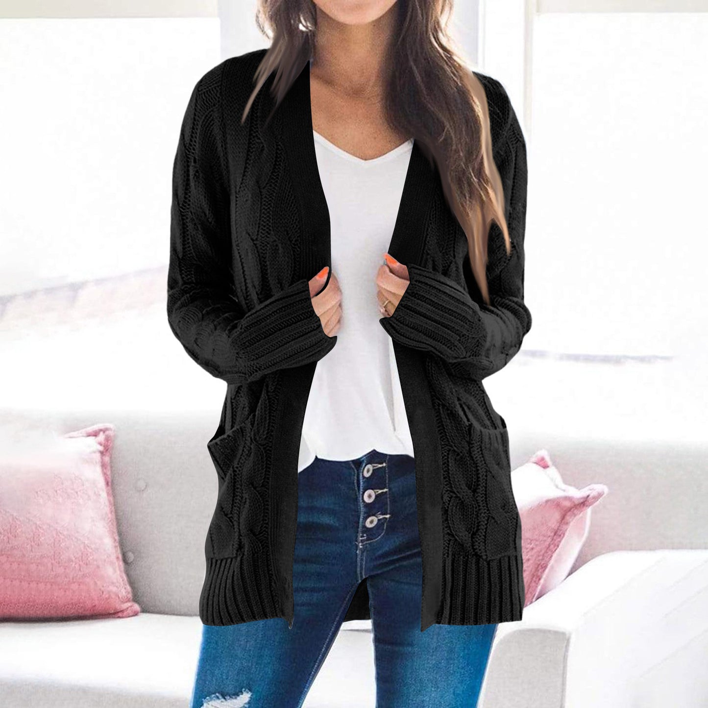 Dames Gros Tricot Cardigan avec Devant Ouvert et Grandes Poches Chic und Stil