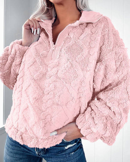 Pull en fleece douillet pour femmes avec demi-fermeture éclair et manches bouffantes Chic und Stil