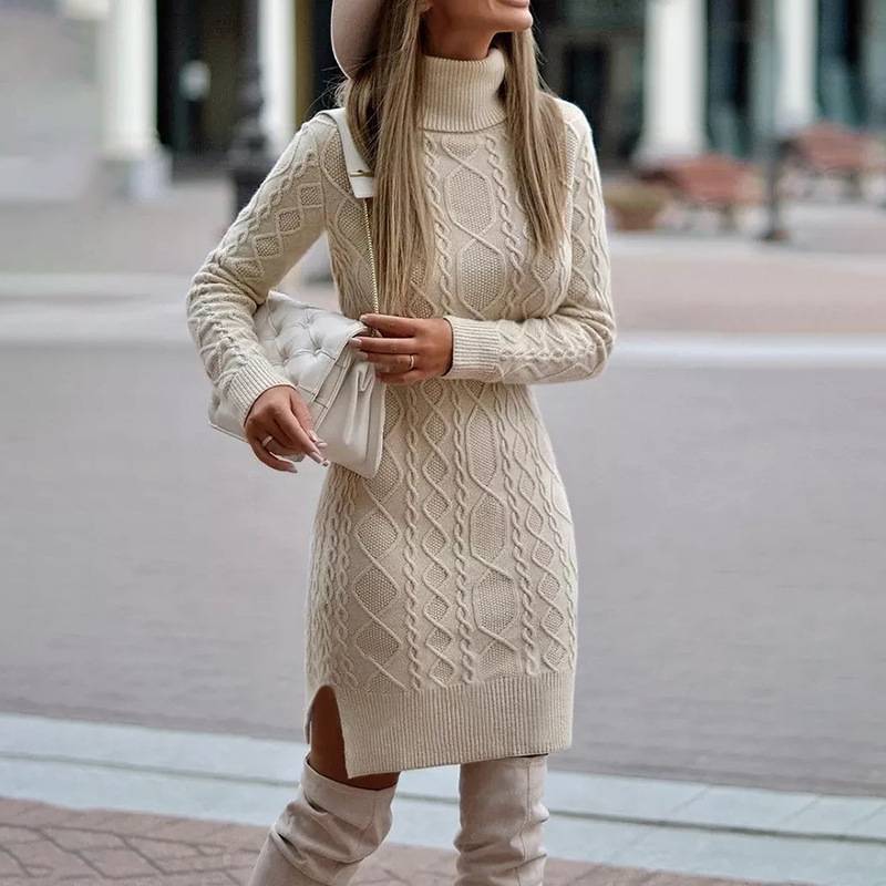 Robe en tricot élégante pour dames avec col roulé de haute qualité et fente latérale Chic und Stil