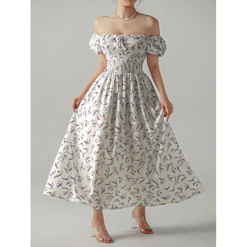Dames Fleurs Manches Puff Maxi Robe Chic und Stil