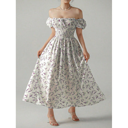 Dames Fleurs Manches Puff Maxi Robe Chic und Stil