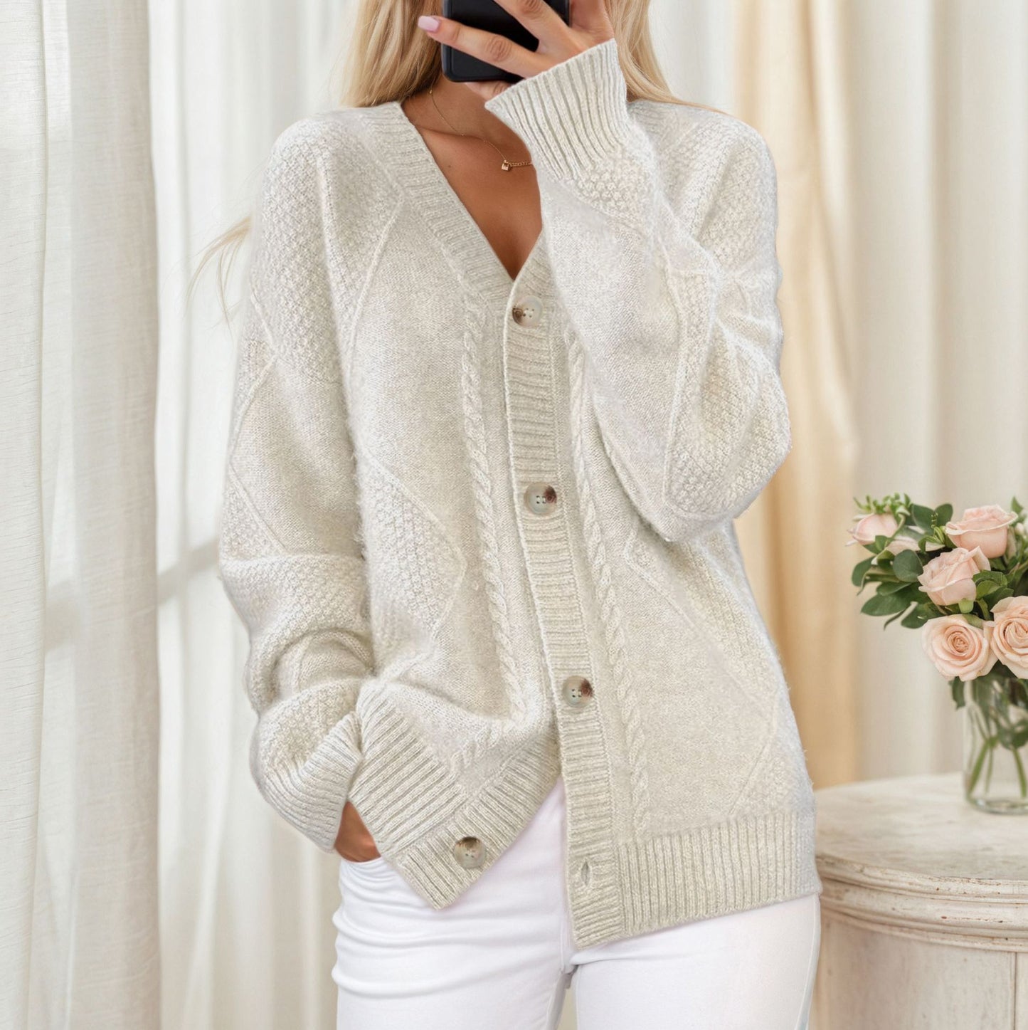 Knit jacket for women with braided pattern and elegant button detail Chic und Stil