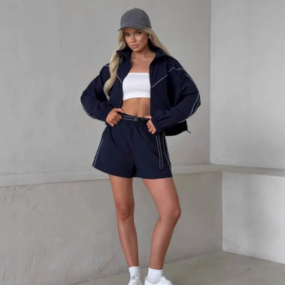 Sport leisure set for women with high collar jacket and Chic und Stil shorts