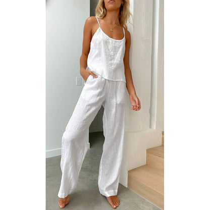 Casual linen set for women with strapless blouse and wide leg pants Chic and Style