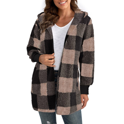 Ladies Cozy Fleece Jacket with Checkered Pattern and Hooded Design Chic and Style