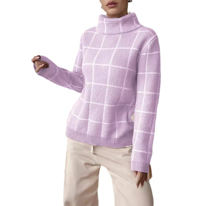Pull en gros tricot pour femmes avec un motif à carreaux moderne et un col montant Chic und Stil