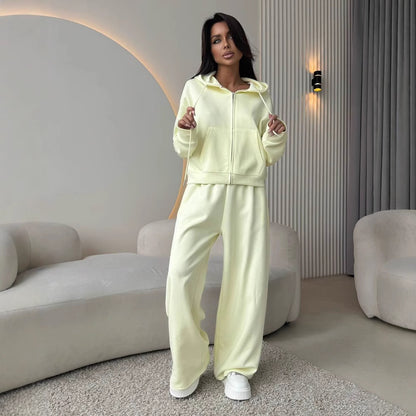 Ladies comfortable and stylish hooded sweatshirt with chic wide pants