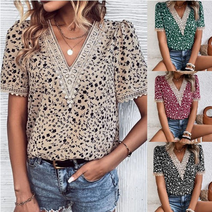 Dames Brodé Fleurs Col V Haut Chic und Stil