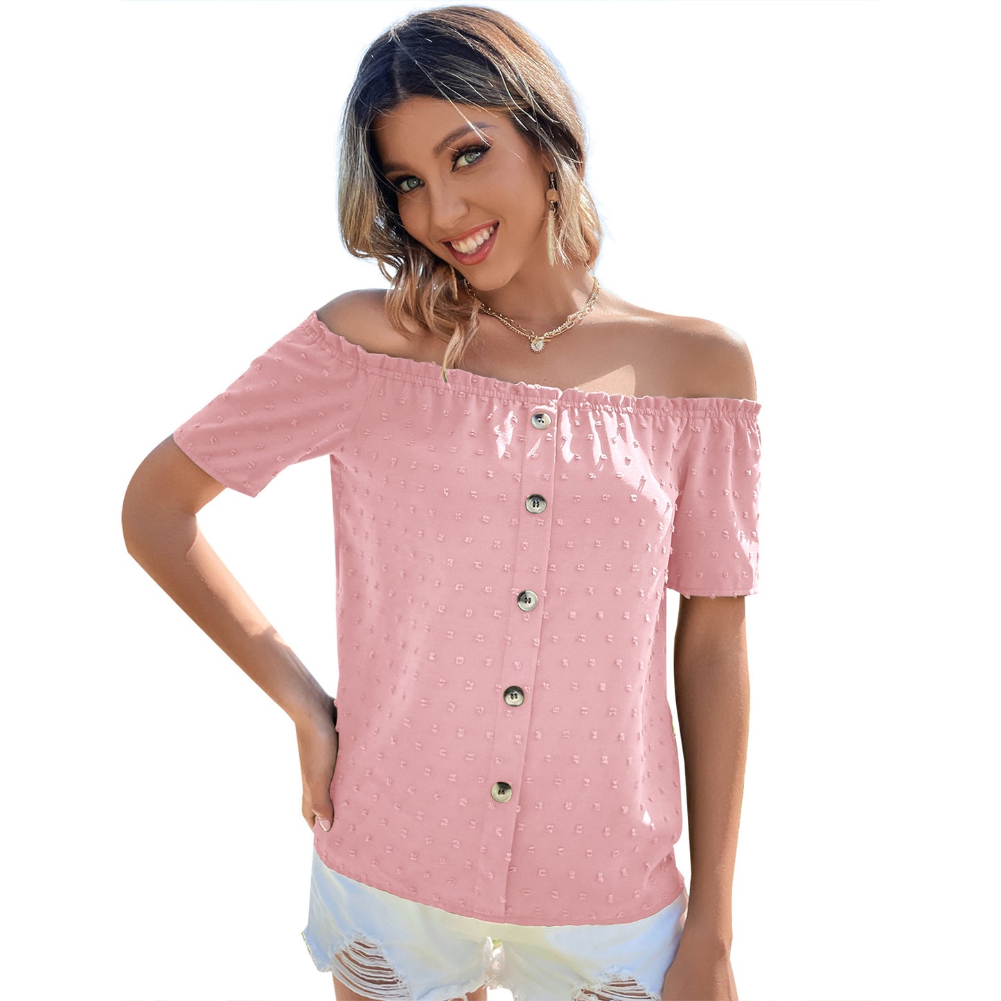 Blouse Femme Off-Shoulder avec Détails de Bouton et Décolleté à Volants Chic und Stil