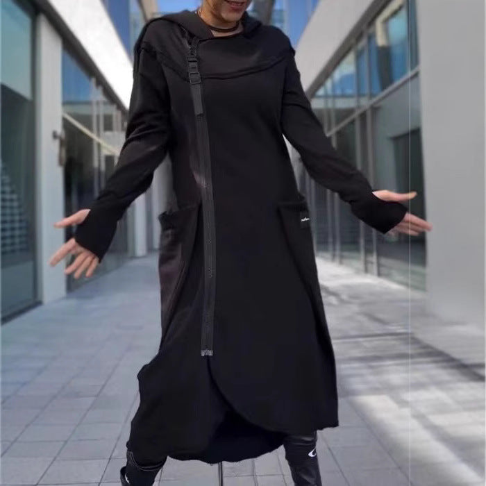 Modern women's hooded coat with side pockets and asymmetrical hem Chic and Style