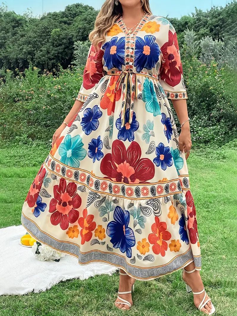 Robe maxi femme avec design floral coloré et ceinture à la taille Chic und Stil