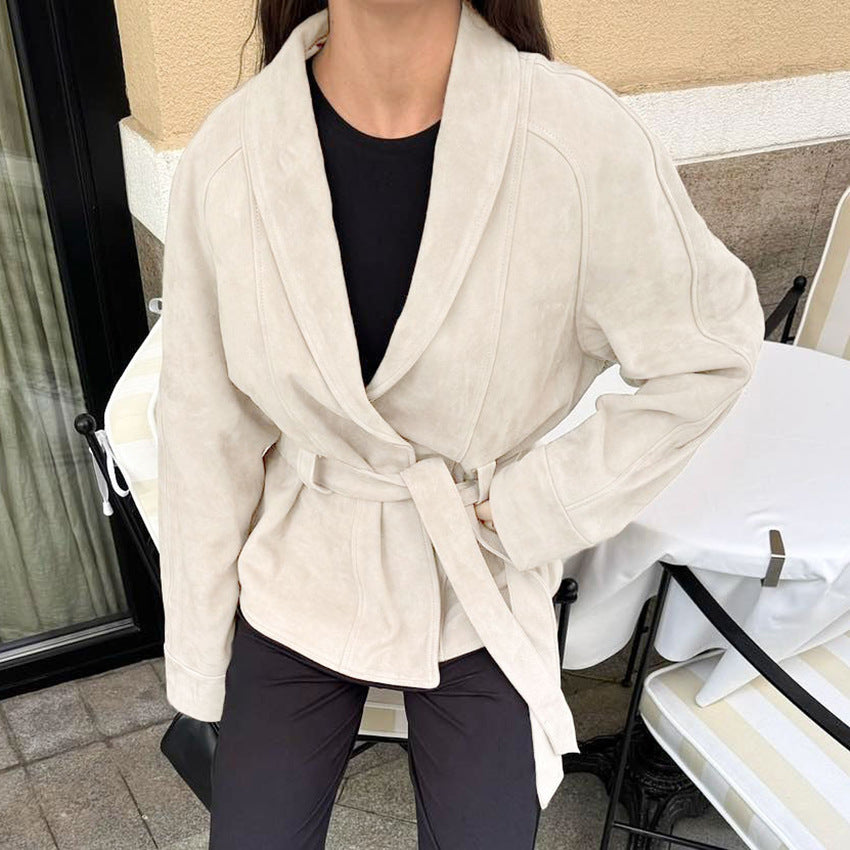 Blazer en suède élégant et à la mode pour femmes avec ceinture Chic und Stil