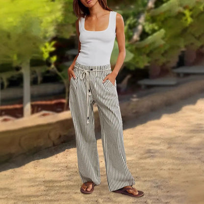 Casual wide striped pants for women with elastic waistband and tie belt Chic and Style