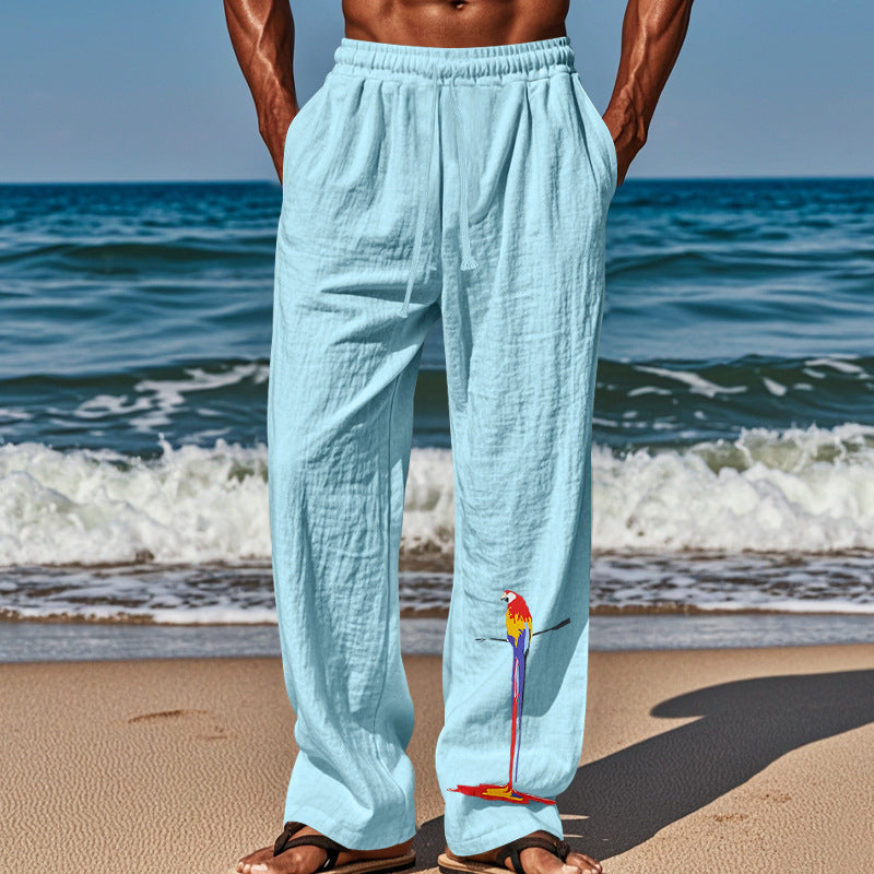 Casual beach pants for men with elastic waistband and colorful bird pattern Chic and Style
