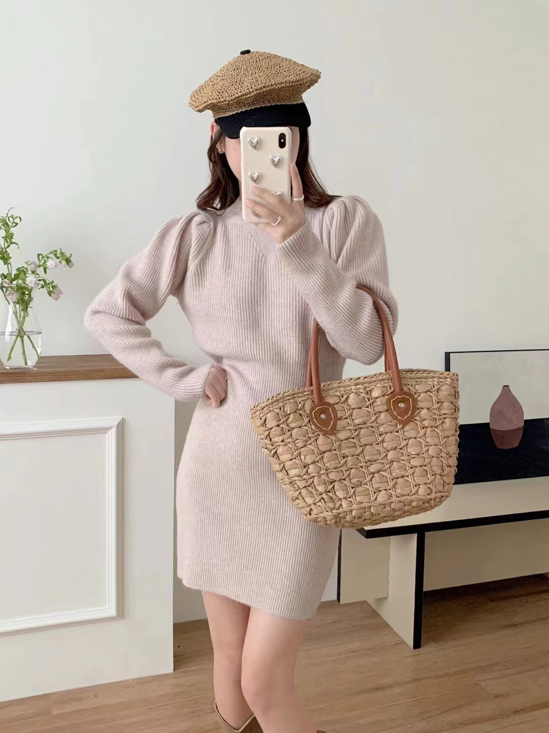 Robe en tricot élégante pour femmes avec silhouette ajustée et manches bouffantes Chic und Stil