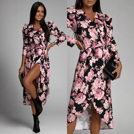 Women's Floral Print Wrap Dress with Elegant Slit Detail Chic und Stil