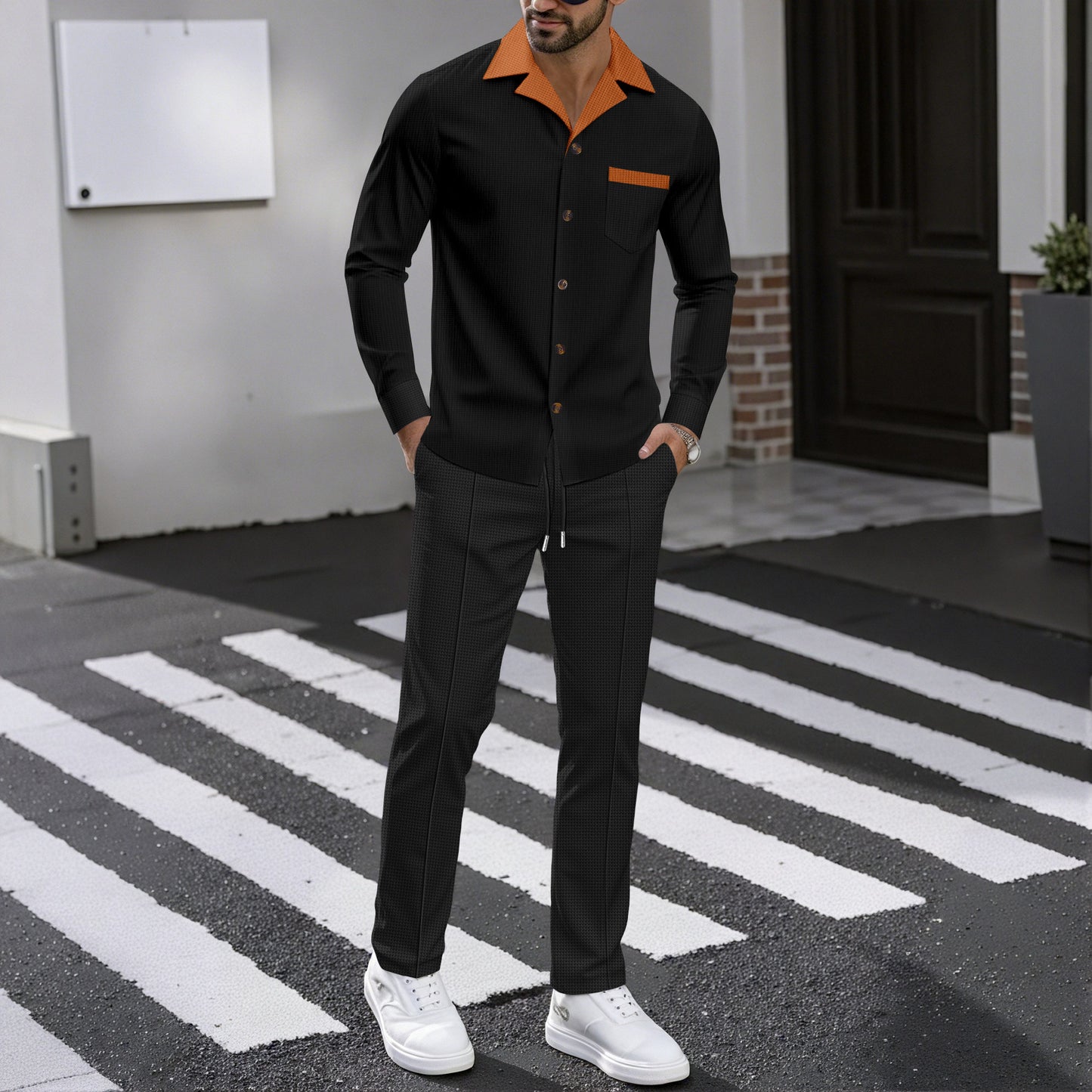 Chemise de luxe pour hommes au design structuré avec col contrasté et poche poitrine pratique Chic und Stil