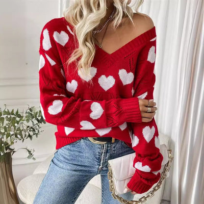 Pull femme en peluche avec motif en forme de cœur et décolleté en V Chic und Stil