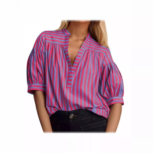 Blouse à manches bouffantes pour dames avec décolleté en V et motif rayé Chic und Stil