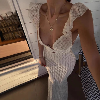 Dames Élégante Robe Maxi avec des Détails de Volants Raffinés et un Décolleté en V Profond Chic und Stil