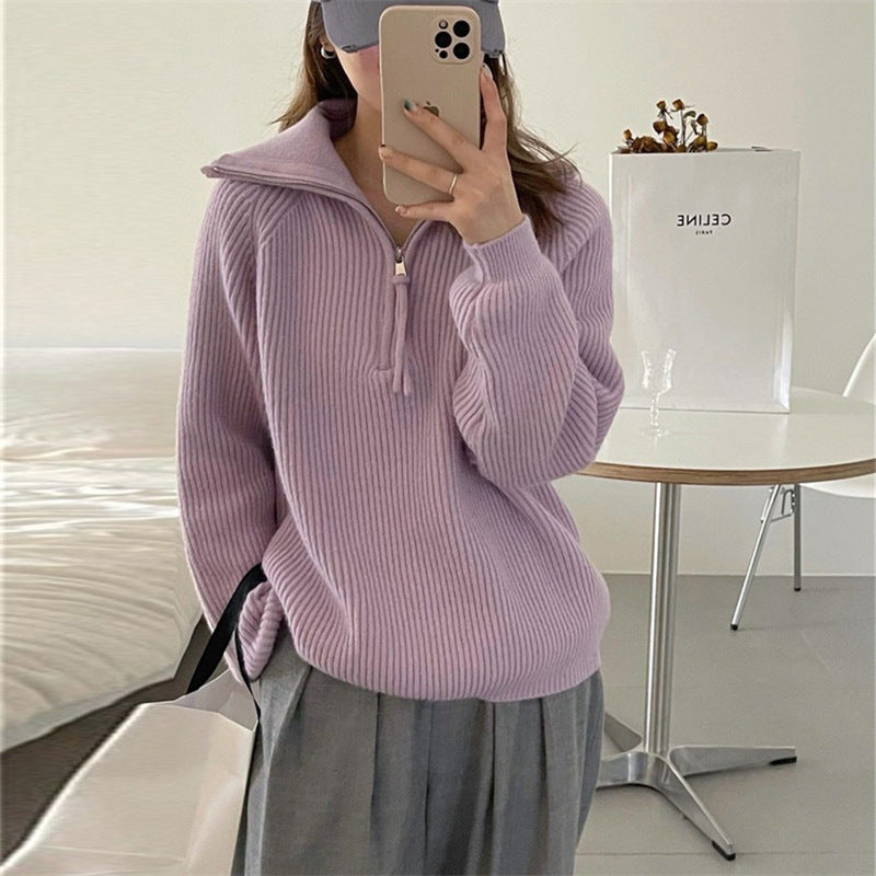 Dames léger pull en tricot avec col haut et fermeture éclair décorative Chic und Stil